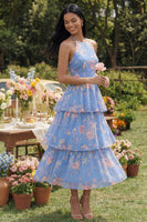 Load image into Gallery viewer, Ruffled Floral A Line Blue Maxi Beach Wedding Guest Dress with Bow