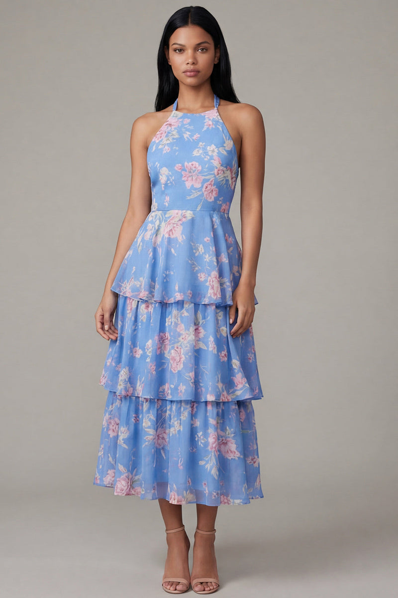 Load image into Gallery viewer, Ruffled Floral A Line Blue Maxi Beach Wedding Guest Dress with Bow