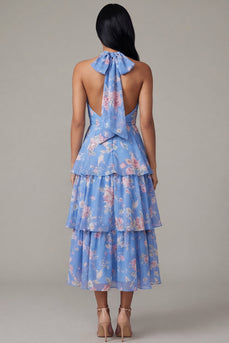 Ruffled Floral A Line Blue Maxi Beach Wedding Guest Dress with Bow