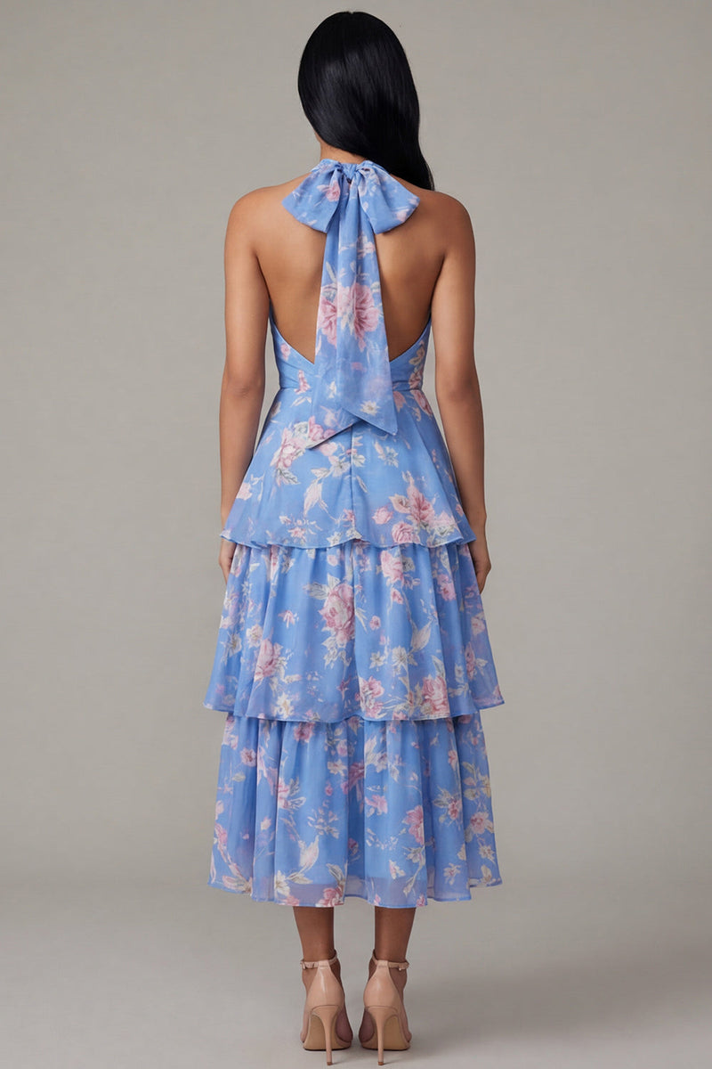 Load image into Gallery viewer, Ruffled Floral A Line Blue Maxi Beach Wedding Guest Dress with Bow