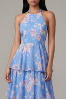 Load image into Gallery viewer, Ruffled Floral A Line Blue Maxi Beach Wedding Guest Dress with Bow