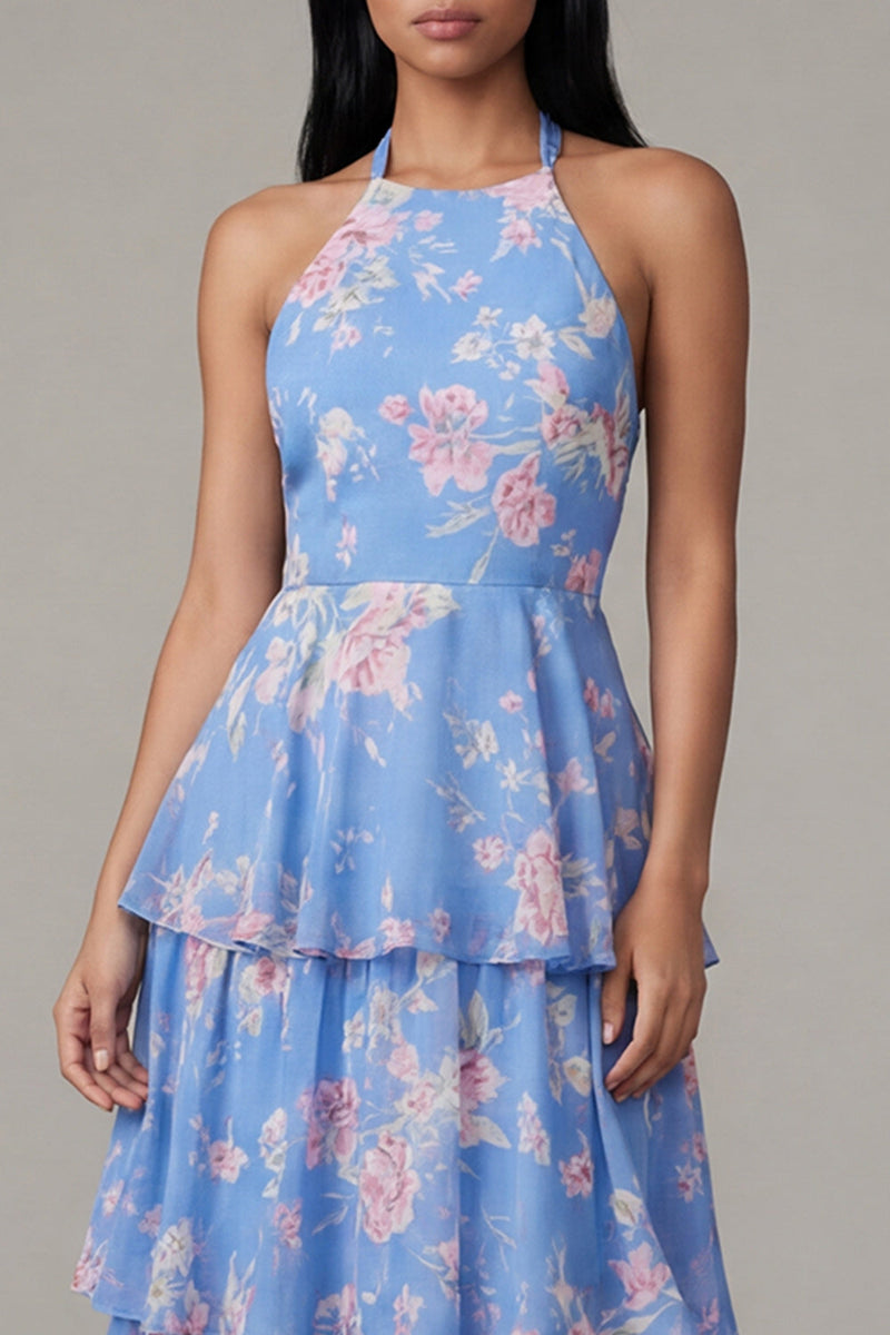 Load image into Gallery viewer, Ruffled Floral A Line Blue Maxi Beach Wedding Guest Dress with Bow