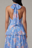 Load image into Gallery viewer, Ruffled Floral A Line Blue Maxi Beach Wedding Guest Dress with Bow