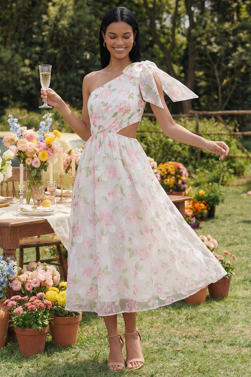 Load image into Gallery viewer, Maxi Floral A Line White Pink Flower Beach Wedding Guest Dress with Bow