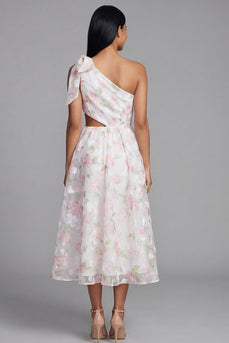 Maxi Floral A Line White Pink Flower Beach Wedding Guest Dress with Bow