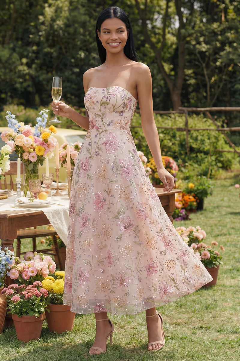 Load image into Gallery viewer, Sparkly Pink Sequin A Line Strapless Floral Maxi Wedding Guest Dress