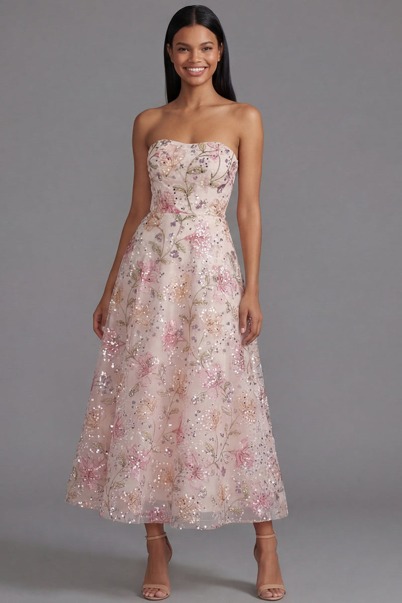 Load image into Gallery viewer, Sparkly Pink Sequin A Line Strapless Floral Maxi Wedding Guest Dress