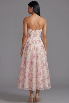 Sparkly Pink Sequin A Line Strapless Floral Maxi Wedding Guest Dress