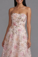 Load image into Gallery viewer, Sparkly Pink Sequin A Line Strapless Floral Maxi Wedding Guest Dress