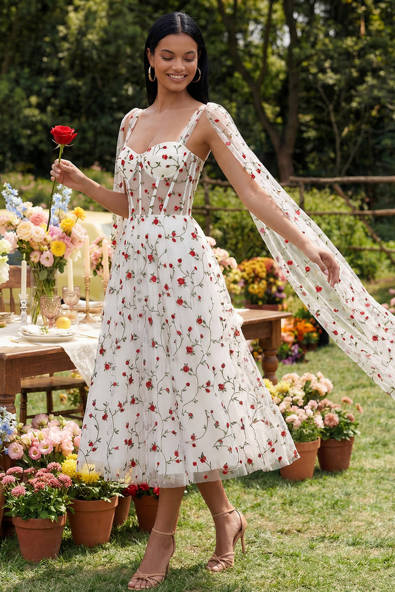 Load image into Gallery viewer, Ivory Corset A Line Maxi Floral Beach Wedding Guest Dress with Cape