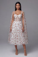 Load image into Gallery viewer, Ivory Corset A Line Maxi Floral Beach Wedding Guest Dress with Cape