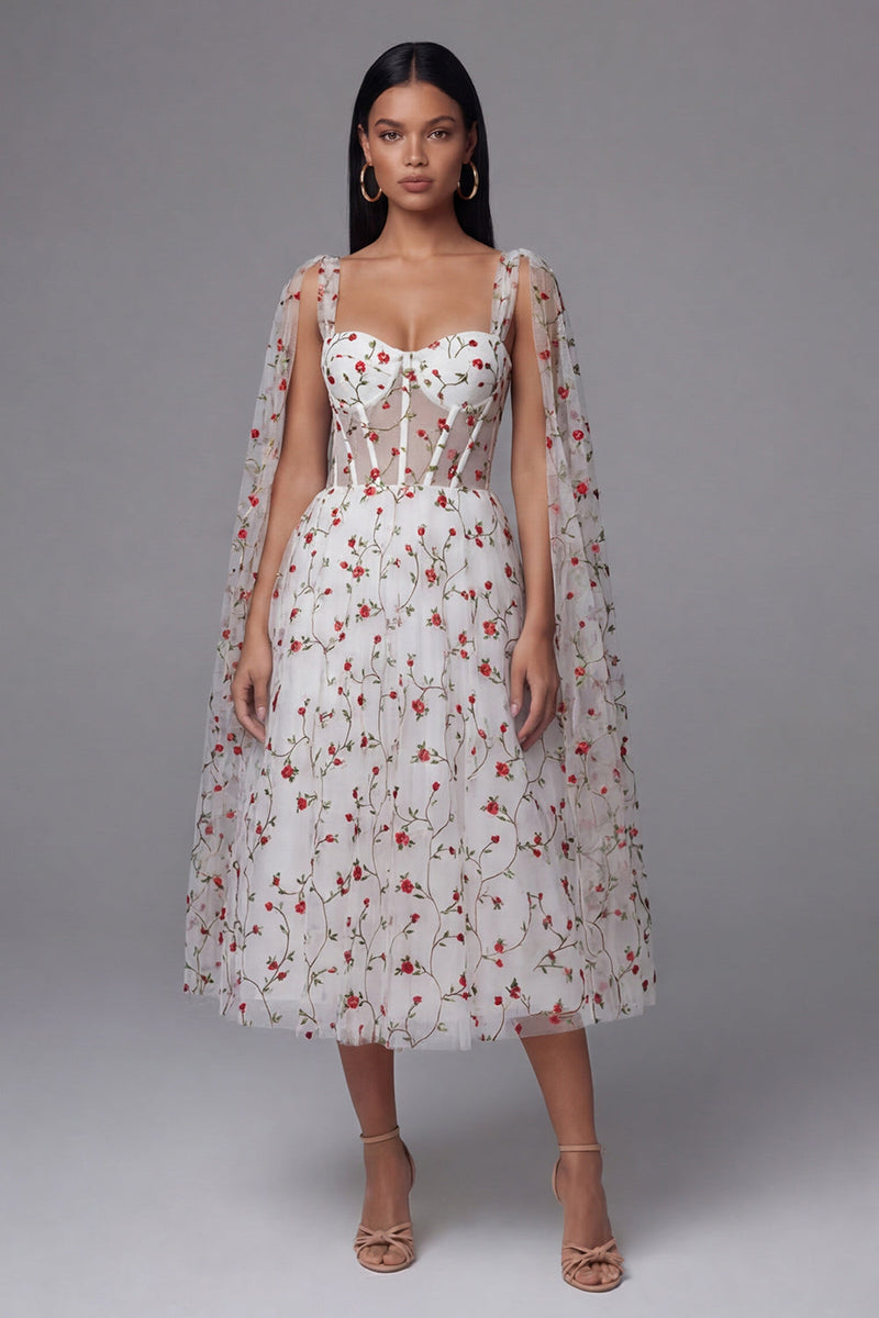 Load image into Gallery viewer, Ivory Corset A Line Maxi Floral Beach Wedding Guest Dress with Cape
