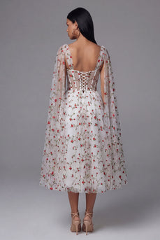 Ivory Corset A Line Maxi Floral Beach Wedding Guest Dress with Cape