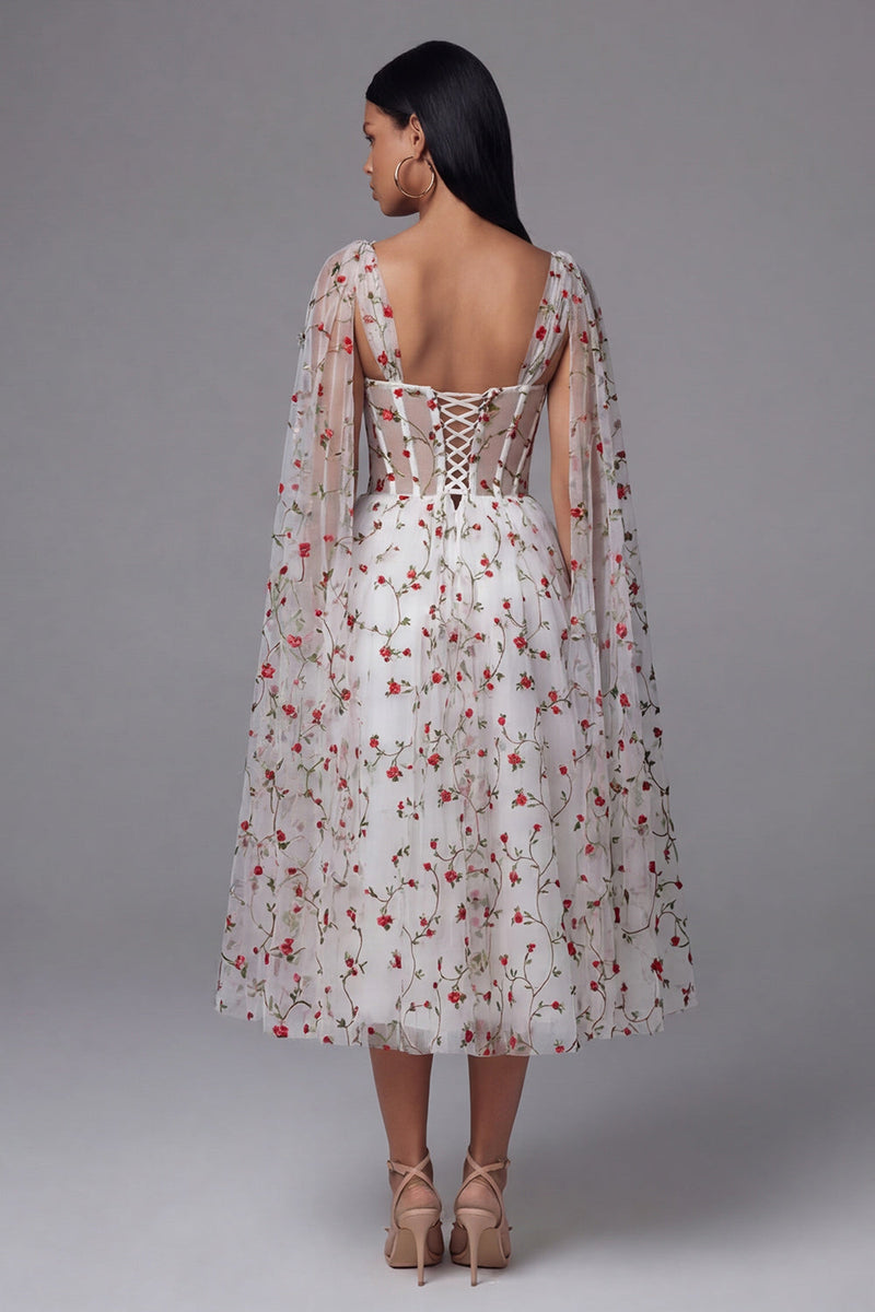 Load image into Gallery viewer, Ivory Corset A Line Maxi Floral Beach Wedding Guest Dress with Cape