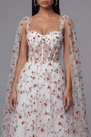 Load image into Gallery viewer, Ivory Corset A Line Maxi Floral Beach Wedding Guest Dress with Cape