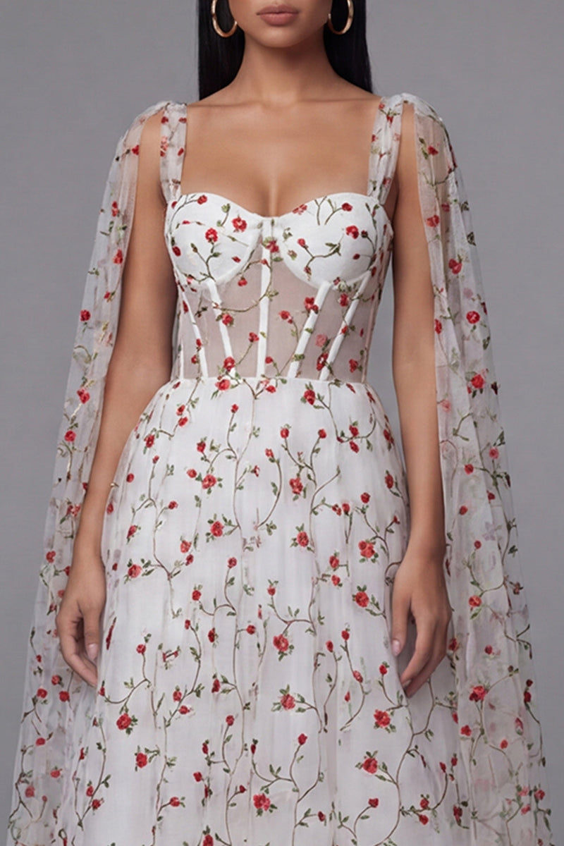 Load image into Gallery viewer, Ivory Corset A Line Maxi Floral Beach Wedding Guest Dress with Cape