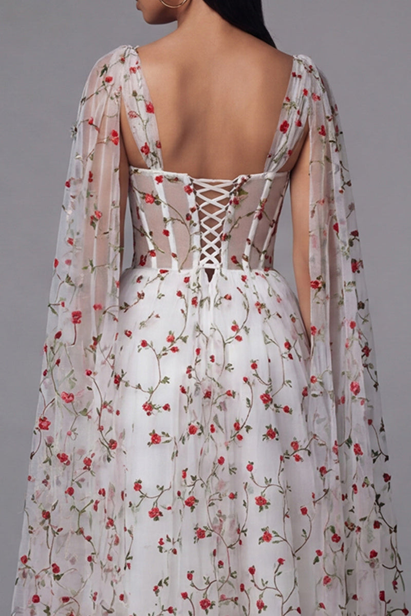 Load image into Gallery viewer, Ivory Corset A Line Maxi Floral Beach Wedding Guest Dress with Cape