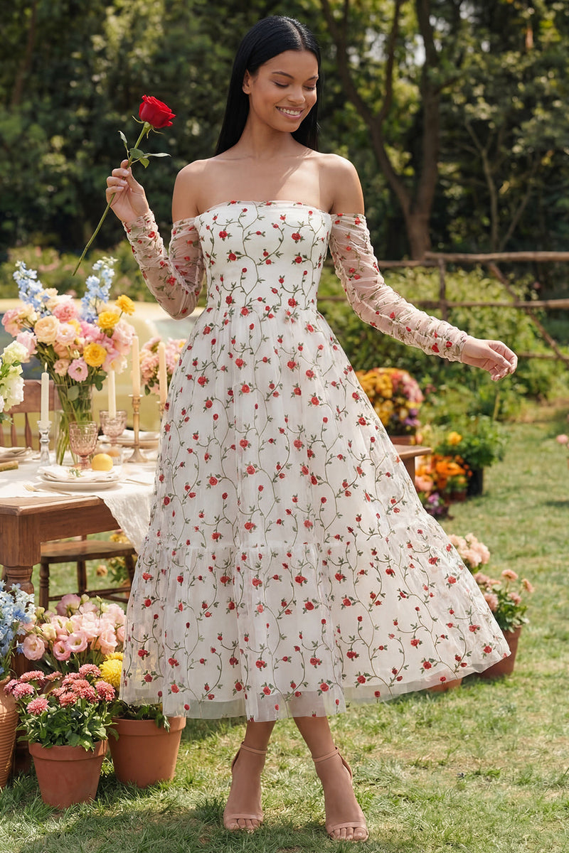 Load image into Gallery viewer, Ivory Off the Shoulder A Line Floral Maxi Beach Wedding Guest Dress