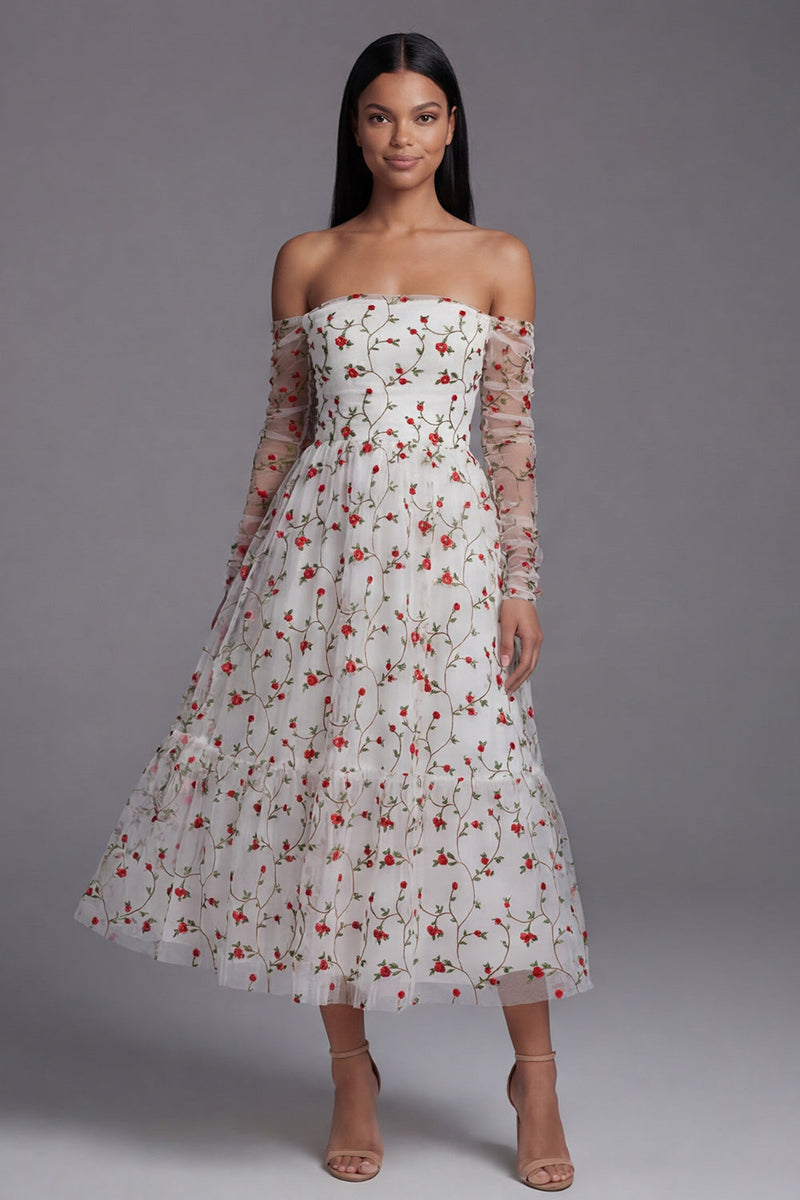 Load image into Gallery viewer, Ivory Off the Shoulder A Line Floral Maxi Beach Wedding Guest Dress