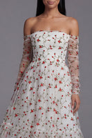 Load image into Gallery viewer, Ivory Off the Shoulder A Line Floral Maxi Beach Wedding Guest Dress