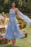 Load image into Gallery viewer, Strapless A Line Floral Neck Scarf Blue Maxi Beach Wedding Guest Dress