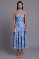 Load image into Gallery viewer, Strapless A Line Floral Neck Scarf Blue Maxi Beach Wedding Guest Dress