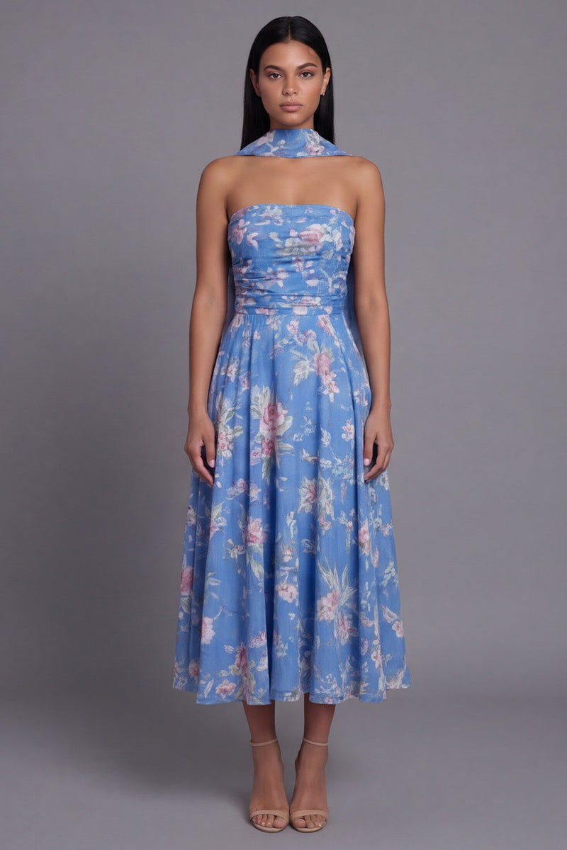 Load image into Gallery viewer, Strapless A Line Floral Neck Scarf Blue Maxi Beach Wedding Guest Dress