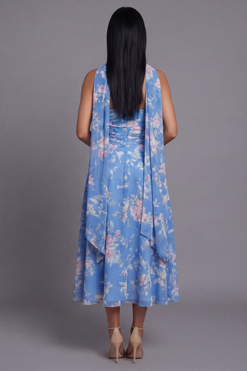 Load image into Gallery viewer, Strapless A Line Floral Neck Scarf Blue Maxi Beach Wedding Guest Dress