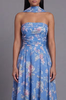 Load image into Gallery viewer, Strapless A Line Floral Neck Scarf Blue Maxi Beach Wedding Guest Dress