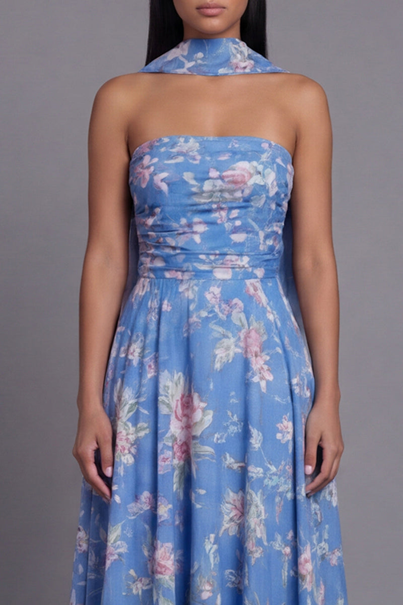 Load image into Gallery viewer, Strapless A Line Floral Neck Scarf Blue Maxi Beach Wedding Guest Dress