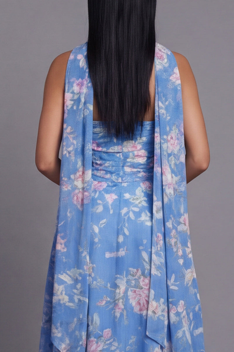 Load image into Gallery viewer, Strapless A Line Floral Neck Scarf Blue Maxi Beach Wedding Guest Dress