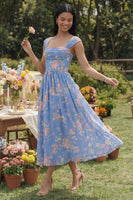 Load image into Gallery viewer, A Line Square Neck Floral Blue Maxi Beach Wedding Guest Dress