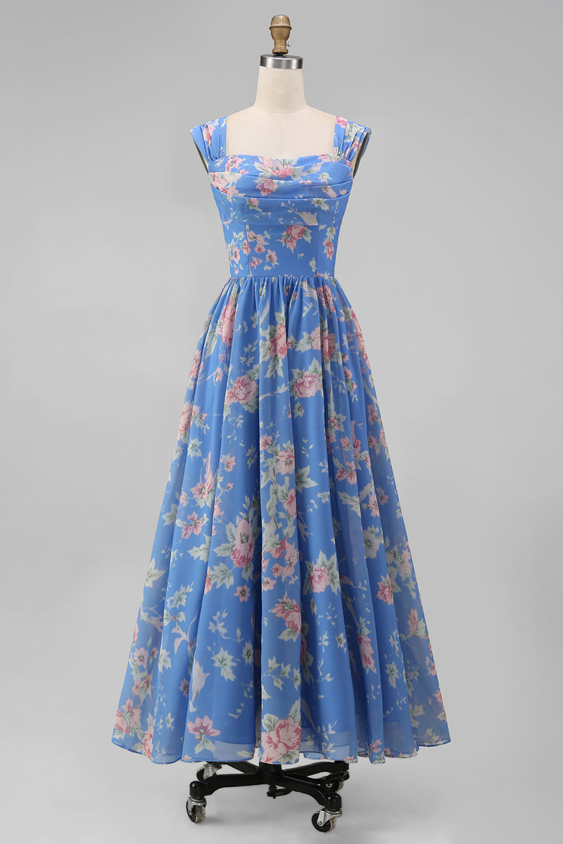 Load image into Gallery viewer, A Line Square Neck Floral Blue Maxi Beach Wedding Guest Dress