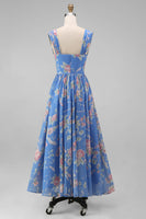 Load image into Gallery viewer, A Line Square Neck Floral Blue Maxi Beach Wedding Guest Dress