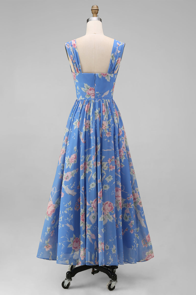 Load image into Gallery viewer, A Line Square Neck Floral Blue Maxi Beach Wedding Guest Dress