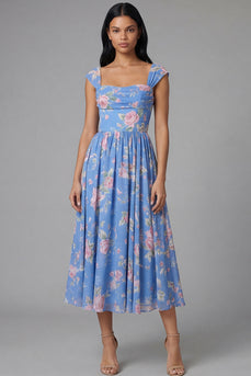 A Line Square Neck Floral Blue Maxi Beach Wedding Guest Dress