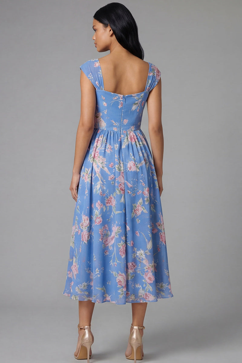 Load image into Gallery viewer, A Line Square Neck Floral Blue Maxi Beach Wedding Guest Dress