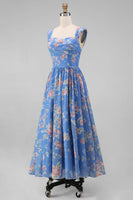 Load image into Gallery viewer, A Line Square Neck Floral Blue Maxi Beach Wedding Guest Dress