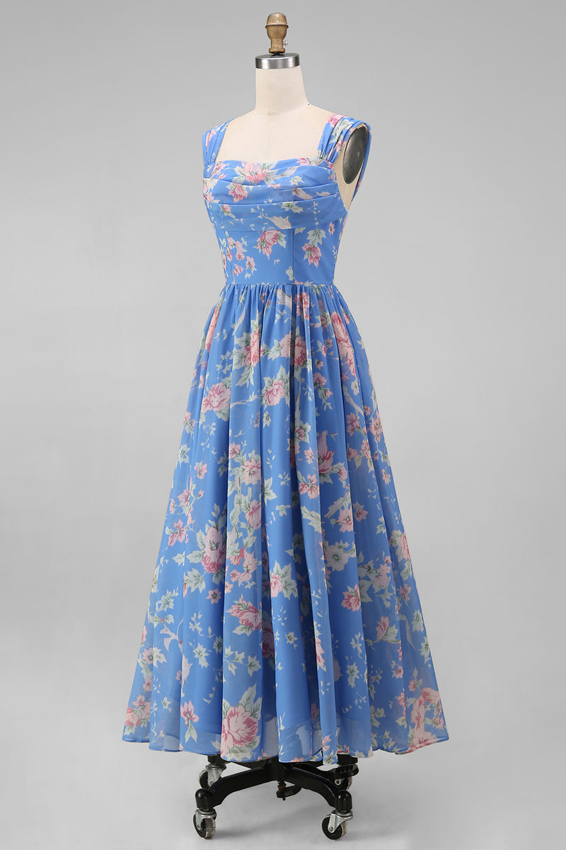 Load image into Gallery viewer, A Line Square Neck Floral Blue Maxi Beach Wedding Guest Dress