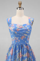 Load image into Gallery viewer, A Line Square Neck Floral Blue Maxi Beach Wedding Guest Dress