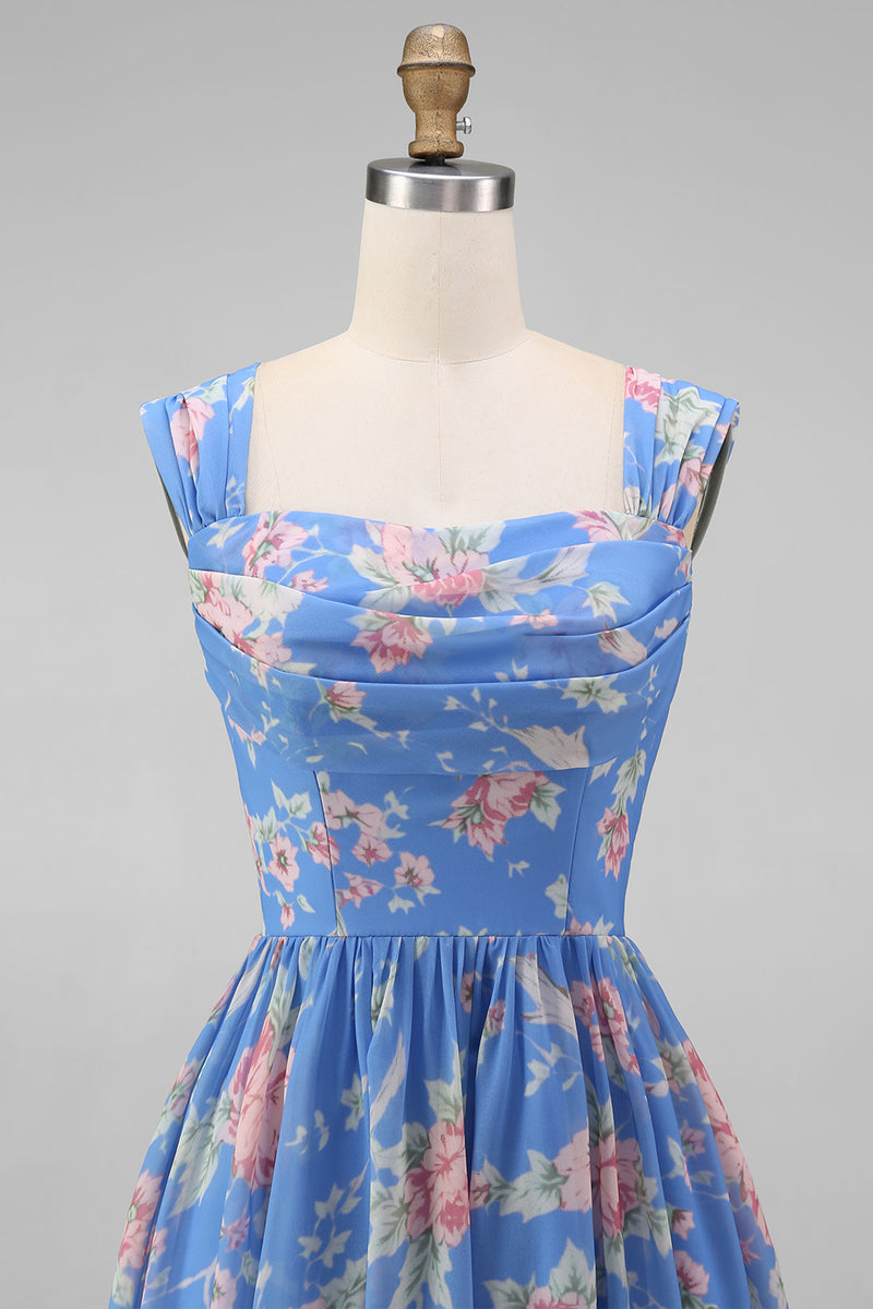 Load image into Gallery viewer, A Line Square Neck Floral Blue Maxi Beach Wedding Guest Dress