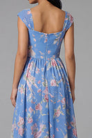 Load image into Gallery viewer, A Line Square Neck Floral Blue Maxi Beach Wedding Guest Dress