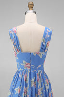 Load image into Gallery viewer, A Line Square Neck Floral Blue Maxi Beach Wedding Guest Dress
