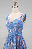 Load image into Gallery viewer, A Line Square Neck Floral Blue Maxi Beach Wedding Guest Dress