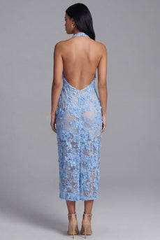 Sheath High Neck Blue Lace Floral Maxi Wedding Guest Dress