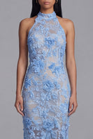 Load image into Gallery viewer, Sheath High Neck Blue Lace Floral Maxi Wedding Guest Dress