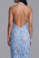 Load image into Gallery viewer, Sheath High Neck Blue Lace Floral Maxi Wedding Guest Dress