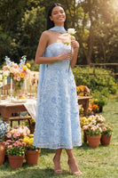 Load image into Gallery viewer, A Line Blue Strapless Floral Neck Scarf Maxi Wedding Guest Dress
