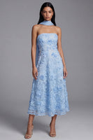 Load image into Gallery viewer, A Line Blue Strapless Floral Neck Scarf Maxi Wedding Guest Dress