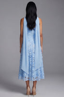 Load image into Gallery viewer, A Line Blue Strapless Floral Neck Scarf Maxi Wedding Guest Dress